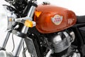 Bordeaux , Aquitaine / France - 06 01 2020 : Royal Enfield motorcycle fuel tank orange color of vintage indian motorbike