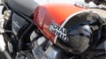 Royal Enfield motorcycle fuel tank red black color of vintage indian motorbike 650 Royalty Free Stock Photo