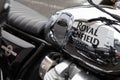 Royal Enfield sign logo and brand text motorbike on chrome Fuel tank of motorcycle Royalty Free Stock Photo