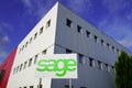 Sage logo brand and text sign headquarters of British multinational enterprise