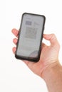 sanitary pass screen cell phone in hand with qr code sign on smartphone validation of