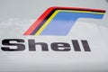 Shell brand petrol fuel company text and logo sign on racing old vintage car peugeot Royalty Free Stock Photo