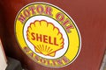 Shell motor oil gasoline company logo brand and text sign round ancient old panel Royalty Free Stock Photo