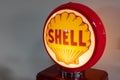 Shell oil company logo brand and text sign Royal Dutch ancient old gas pump vintage Royalty Free Stock Photo