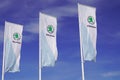 Skoda store dealership sign brand and text logo on flag on wind blue sky of car Czech