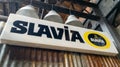 slavia logo text on beer sign brand on bar pub restaurant in city street