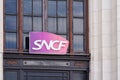 SNCF logo sign and text brand on vintage station entrance National society of French