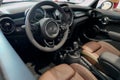 Bordeaux , Aquitaine / France - 10 11 2019 : Steering wheel leather details in car interior design of mini Cooper Royalty Free Stock Photo