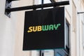 Subway sign brand and text logo front of us togo restaurant fastfood