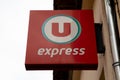 Super U express facade supermarket store shop sign text and brand market logo in