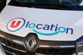 Super u logo sign and brand logo on location truck hire detail rent van Renault rental