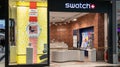 Swatch watches shop facade colorful store sign and watch logo for watchmaker boutique