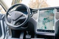 Bordeaux , Aquitaine / France - 11 30 2019 : tesla digital dashboard on electric car model s steering wheel