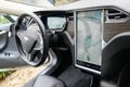 Bordeaux , Aquitaine / France - 11 30 2019 : tesla interior of vehicle modern electric car tablet screen dashboard
