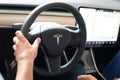 Bordeaux , Aquitaine / France - 11 13 2019 : Tesla Model 3 electric car interior with large touch screen tablet dashboard