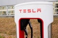 Tesla Supercharger car station for fast charged of american electric vehicle brand Royalty Free Stock Photo