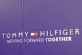 Tommy Hilfiger logo sign and text front of store premium American clothing company