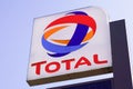 Total brand petrol fuel company text and logo sign on gas service station shop Royalty Free Stock Photo