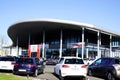 Toyota cars store dealership car with exterior sign and logo Trademark on windows shop