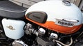 Triumph bonneville t100 50th anniversary motorbike detail sign logo and text brand on Royalty Free Stock Photo