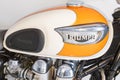 Triumph bonneville t100 vintage logo sign and text on white motorcycle detail on