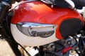 Triumph motorcycle detail sign text and logo on red white fuel tank petrol on