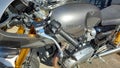 Triumph thruxton neoretro Motorcycle brand logo and text sign on grey modern fuel tank