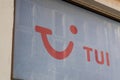 TUI red logo text smile and sign brand front of shop office of travel agency Royalty Free Stock Photo