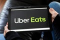 Bordeaux , Aquitaine / France - 11 25 2019 : Uber Eats sign logo tablet home application food delivery app
