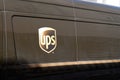 UPS Delivery Truck van with logo and brand sign on panel in street to delivery parcel Royalty Free Stock Photo