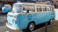 Vw bus white blue vintage volkswagen campervan model van combi camper from germany Royalty Free Stock Photo