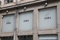 Zara logo facade and text sign front of clothes brand store of fashion boutique