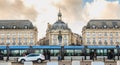 Parked tram Place de la Bourse on a winter day