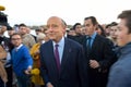 BORDEAUX, FRANCE - 22 NOVEMBER 2014 : Alain Juppe, mayor of the city of Bordeaux walking on the quays of the Garonne