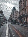 Bordeaux tram lines through the streets with ancient buildings on either side. Royalty Free Stock Photo