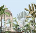 Border with ancient arbor and herons in the jungle. Vector.