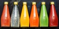 Border assortment of a variety of colored bottled juices. Juice - dragon fruit, orange, kiwi, carrot, guava and tomato. Top view,