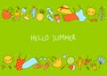 Border background with cute summer items on green - cartoon objects for happy beach design Royalty Free Stock Photo