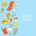 Border background with cute summer items isolated on blue - cartoon objects for happy beach design