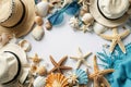 Border of beach accessories and toys scattered on a white background Royalty Free Stock Photo