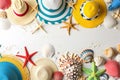 Border of beach accessories and toys scattered on a white background Royalty Free Stock Photo