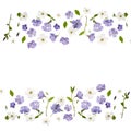 Border of beautiful periwinkle flowers and fresh spring foliage against white background. 8 march, happy women`s day Royalty Free Stock Photo