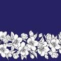 Border with black and white sakura flowers on dark blue background.