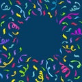 Border on blue background with empty space for text framed by confetti and serpentine. Royalty Free Stock Photo