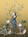 Border in chinoiserie style with herons, peacock and peonies. Vector.