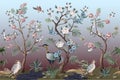 Border in chinoiserie style with herons, peacock and peonies. Vector.