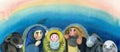 border of Christian Nativity scene: Virgin Mary, Jesus Christ, Joseph, sheep, animals. For Merry Christmas greeting cards,