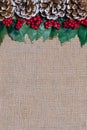 Border of Christmas pinecones, holly leaves and red berries on rustic burlap fabric background Royalty Free Stock Photo