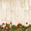 Border of Christmas toys on vintage wooden background. holiday background Royalty Free Stock Photo