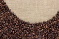 Border of coffee beans on the old burlap Royalty Free Stock Photo